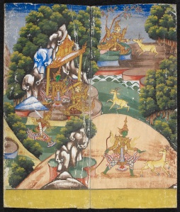 The ten-headed demon king of Thiho (Ceylon/Sri Lanka), Dathagiri (Ravana) sends Gambi in the form of a shwethamin (golden deer) to Thida (Sita). Being persuaded by Sita to catch the golden deer for her, Rama left Sita under the protection of his brother, Letkhana (Lakshmana), and went after the golden deer. Or.14178, f.8