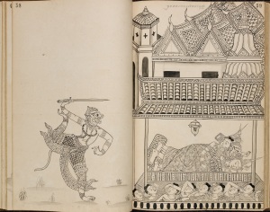 Hanuman facing Ravana asleep in his palace after having abducted Sita. From a 19th century album of drawings by an anonymous Thai artist.  British Library, Or.14859, pp. 58-59 