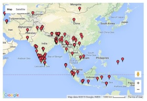 Locations of previous projects of the Endangered Archives Programme in Asia